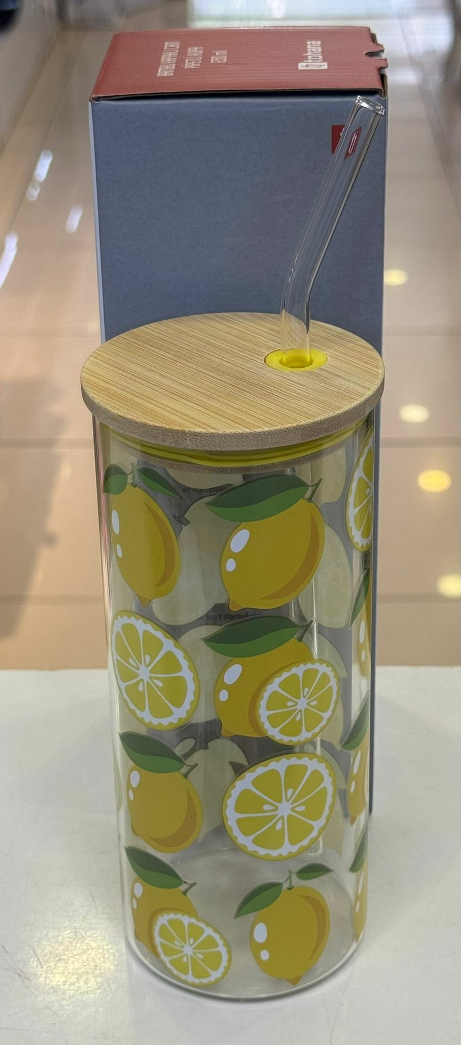 Tohana Bambu Kapaklı Cam Pipetli Limon Desenli Cam Su Bardağı - Görsel 2