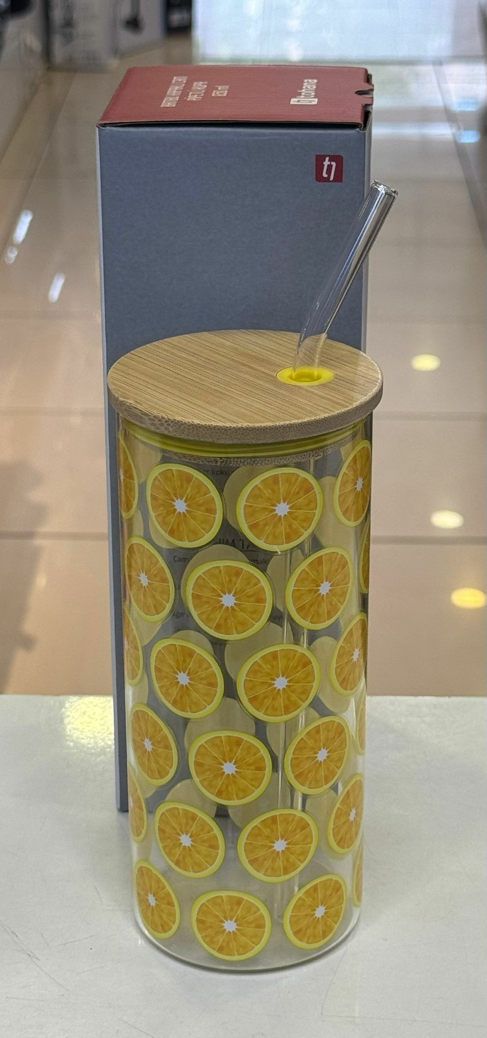 Tohana Bambu Kapaklı Cam Pipetli Limon Desenli Cam Su Bardağı - Görsel 3