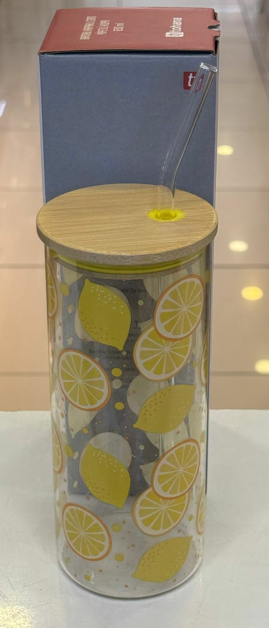 Tohana Bambu Kapaklı Cam Pipetli Limon Desenli Cam Su Bardağı - Görsel 4