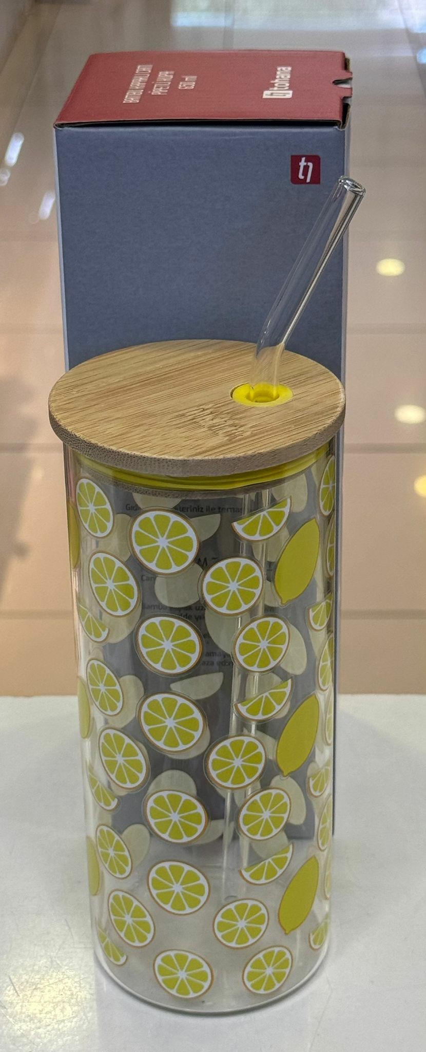 Tohana Bambu Kapaklı Cam Pipetli Limon Desenli Cam Su Bardağı - Görsel 5